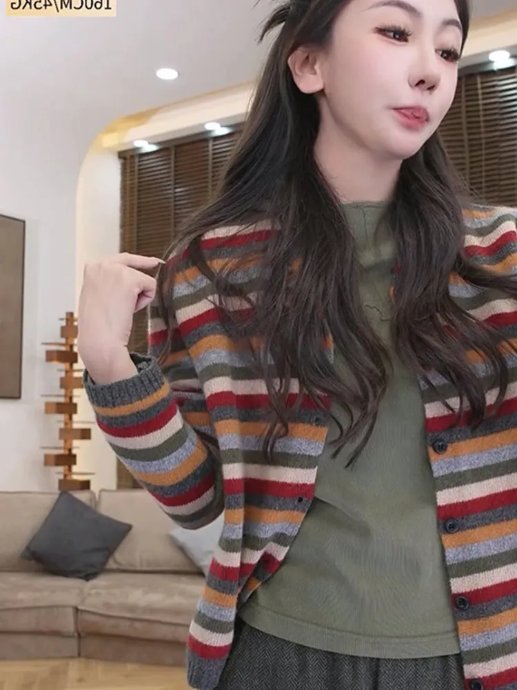 레트로 컬러 블로 스트라이프 니트 울 롱 스웨트 캐주얼 아우터웨어 패셔너블 레이지 슬레 여성용 카디건
