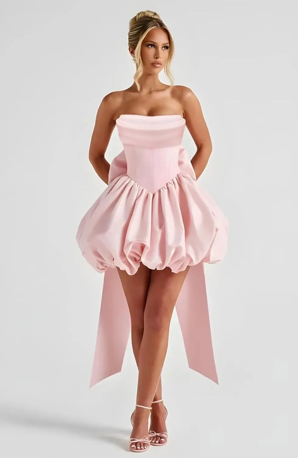 

Elegant Pink Short Prom Party Dress 2026 Strapless Pleats Bow Back Satin Mini Homecoming Birthday Formal Gowns Banquet