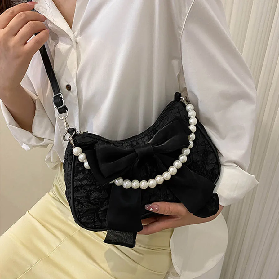 

Pearl Female Bag Retro Luxury Designer Handbag Bow Crossbody Bags Fashion Canvas Women's 2023 Trend Shoulder bag Purses