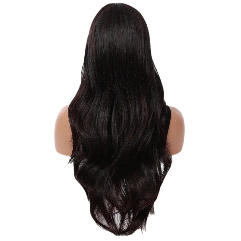 Black wig for women, fashionable everyday large wavy middle-parted curly hair