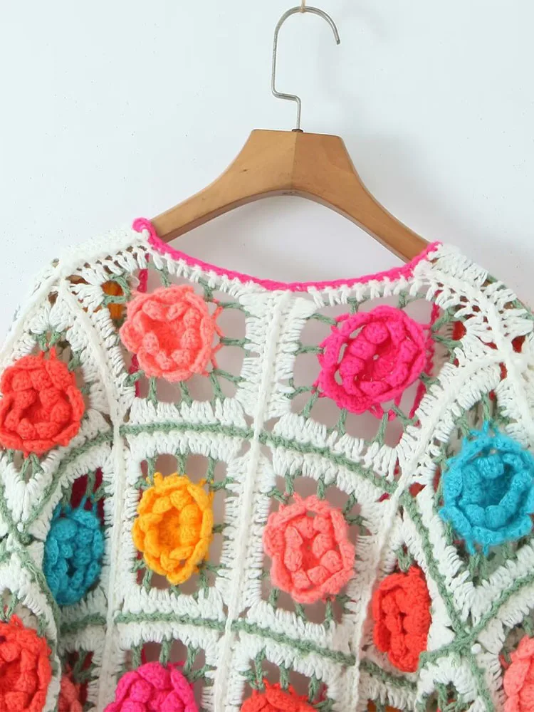 2024 European and American women\'s ethnic retro multi-color handmade three-dimensional flower cardigan sweater loose casual knit