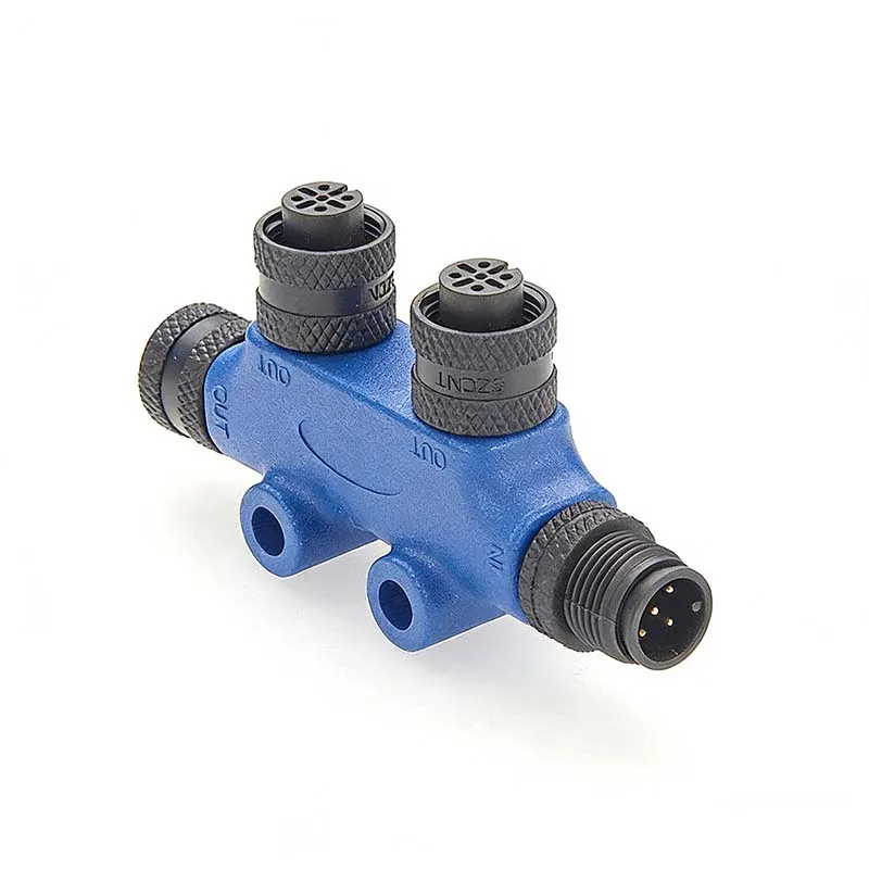 NMEA2000 M12-5 pin T-type 4-way power connector for aviation, marine, and yacht applications.
