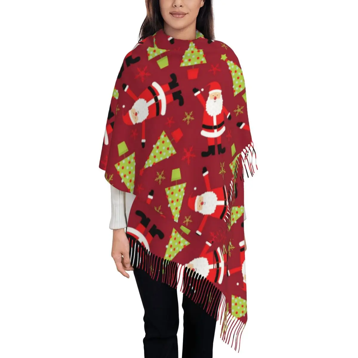 Women's Tassel Scarf Christmas Santa Claus New Year Single-sided Pattern Winter Fall Shawl and Wrap Daily Wear Cashmere Scarf