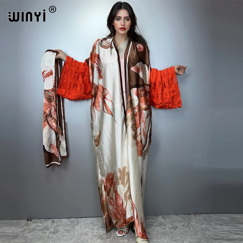 WINYI 着物ファッションマキシドレスビーチウェアカバーアップアバヤドバイ高級カーディガンビーチ衣装女性のためのブロークジーンズ袖コート