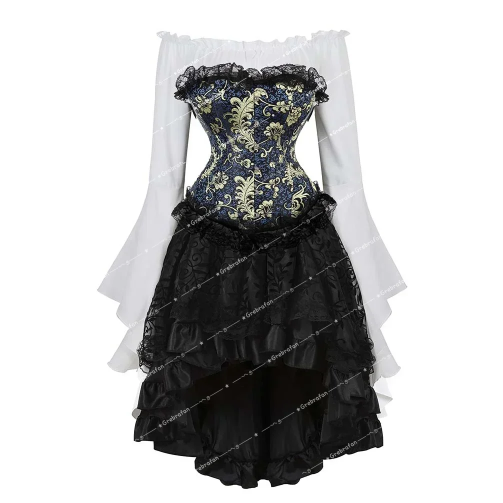 Bustier Corset Tulle Dress 3 Piece Pirate Set Embroidery Floral Bustiers Outfit for Women Overbust Corsage Skirt Vintage Costume