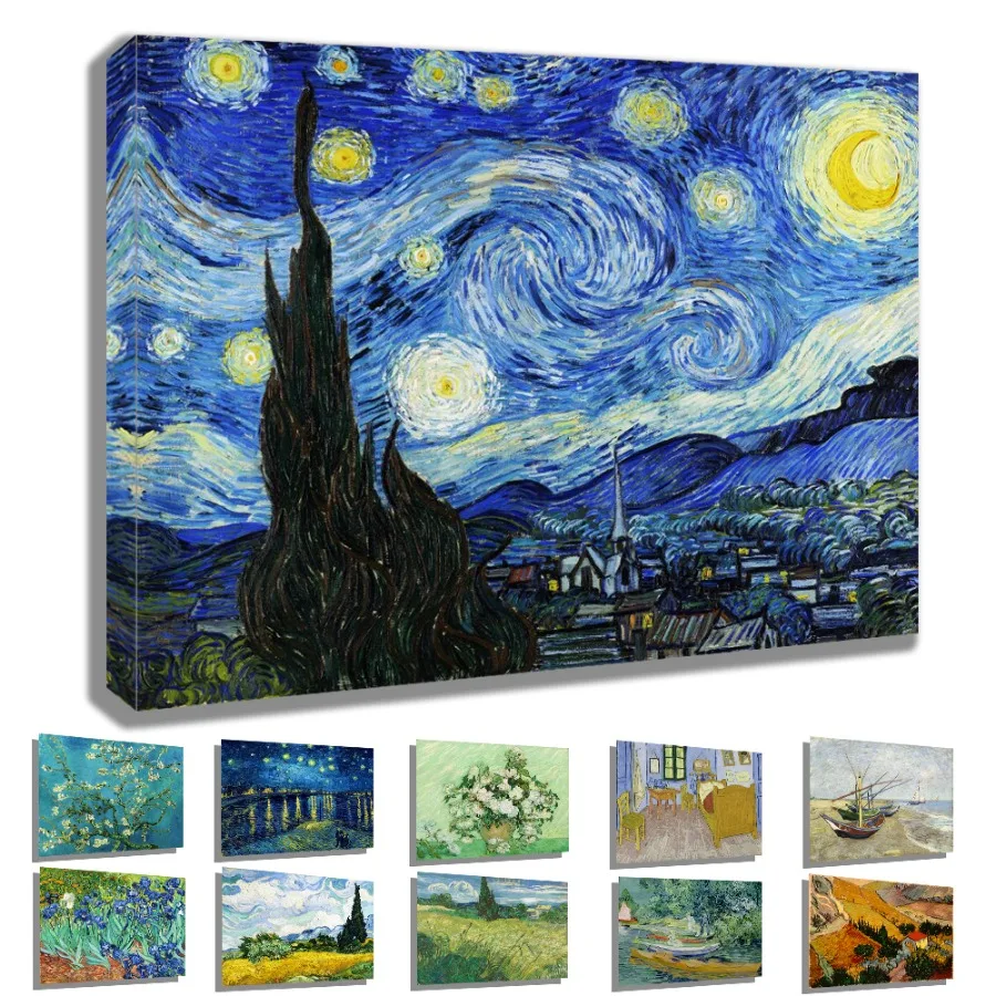 Famous Van Gogh Starry Night Canvas Painting Prints Posters Stretched Framed Artwork for Home Office Wall Decor-Ready to Hang