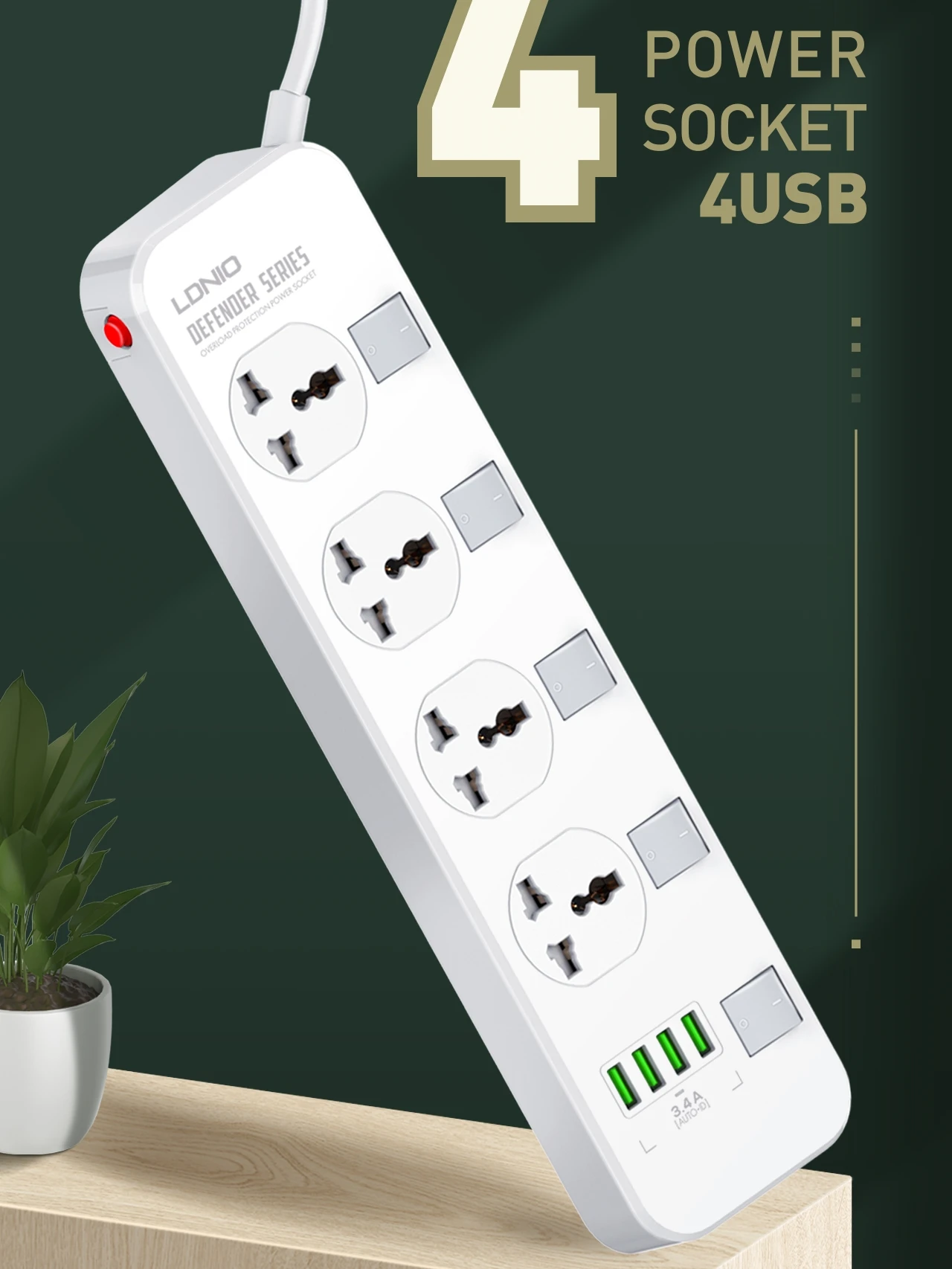 LDNIO Power Socket 4 Outlets 4 Usb Charging Ports Switched Power Strip With 2M Wall Mountable Universal Power Strips