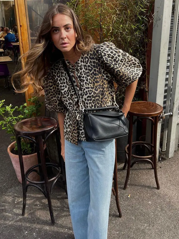 Women Leopard Print Puff Sleeve Shirt Chic Loose O-neck Lace-up Blouse 2025 Spring Summer Lady Commuting Top Clearance Sale