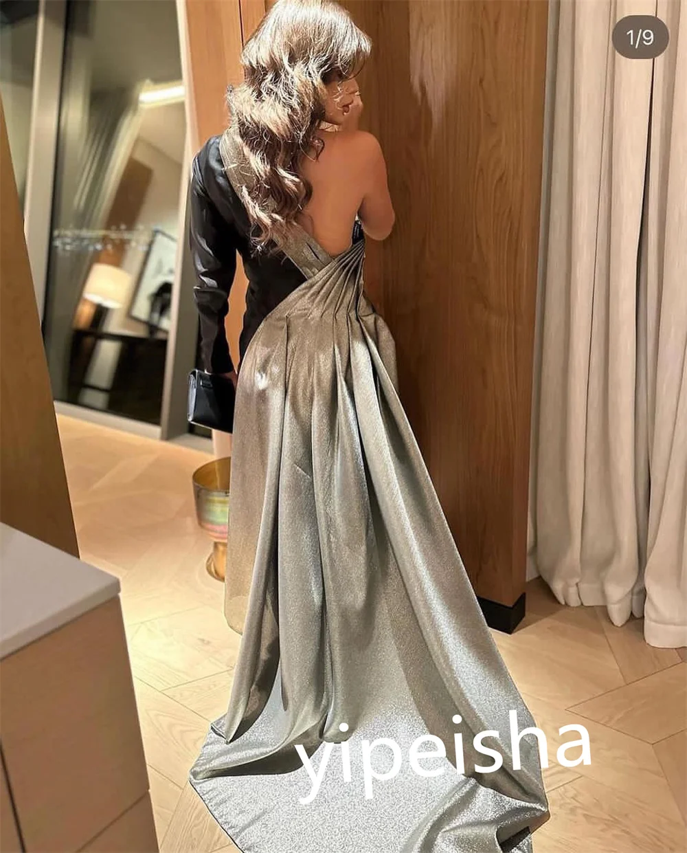 Fashion Asymmetrical One-Shoulder A-line Evening Dresses Anke Length Formal Ocassion Gown Pleat Satin birthday dress for women