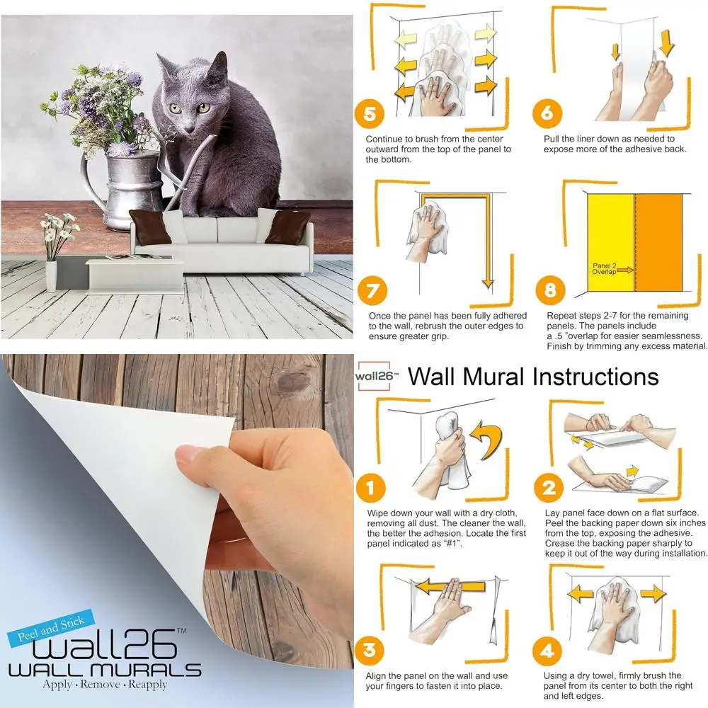 

Large Removable Self-Adhesive Wallpaper - Cat and Flowers in Vintage Watering Can Design, 66x96 inches