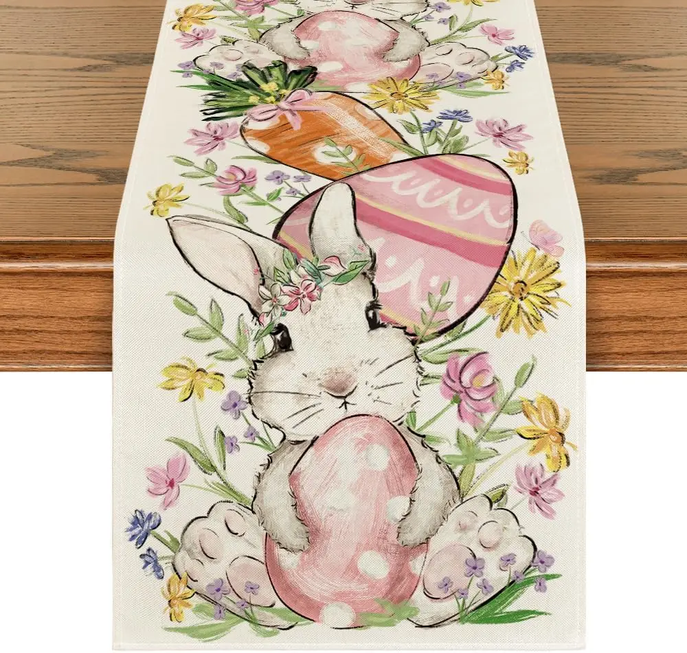 Easter Bunny Rabbit Egg Flower Linen Table Runner Holiday Party Decor Spring Floral Kitchen Dining Table Runners for Table Decor