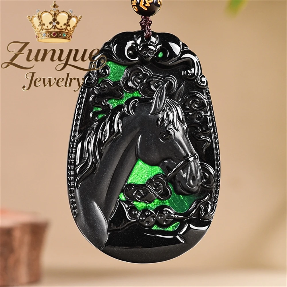 الطبيعية A-الصف الجاديت الأسود اليشم الأكثر مبيعا الحصان الحصول على قلادة غنية نوع الجليد الحرف اليدوية جودة غرامة مجوهرات هدية لصديق