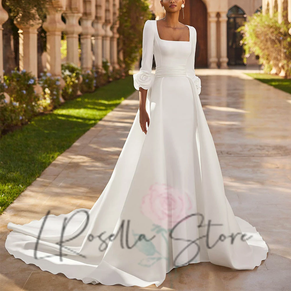 

LRosella Элегантное свадебное платье русалки с квадратным вырезом и 3D цветами, рукавами 3/4 и шлейфом часовни, свадебное платье, платья de novia 2025