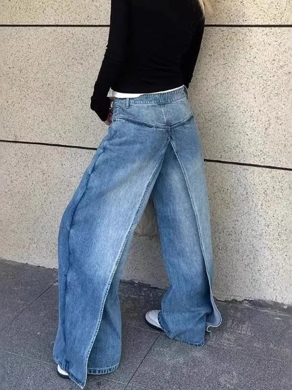 Retro American Deconstructed Denim Jeans Women's Y2K High Street Design Long Casual Wide Leg Pants Trendy Double-Sided Wear