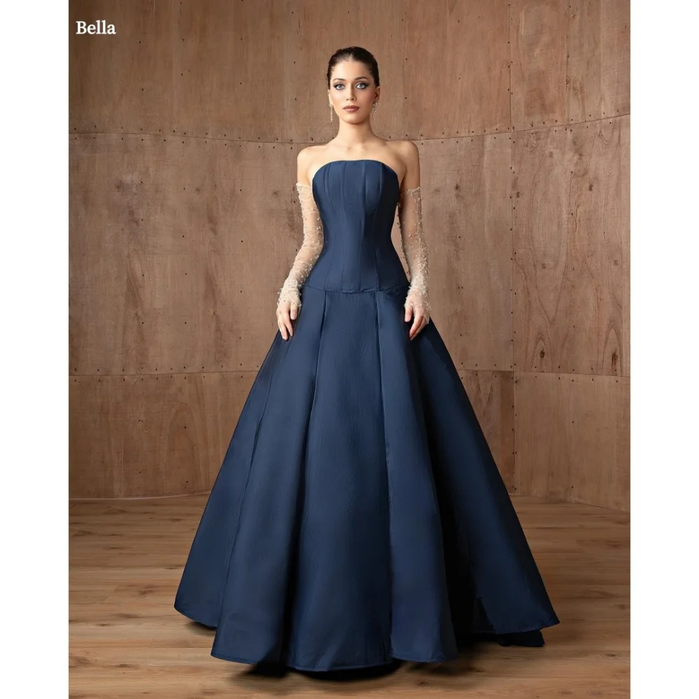 

Bella Индивидуальные темно-синие вечерние платья с жемчужными рукавами, атласные вечерние платья без бретелек и открытой спины, платье для выпускного вечера длиной до пола, 2025 г.