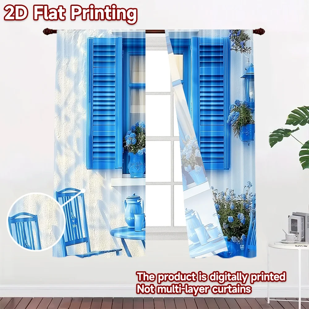 2D flat 2pcs Curtain French Romantic Style Blue Flower Scene Digitally printed polyester, colorfast Festive Holiday Use for
