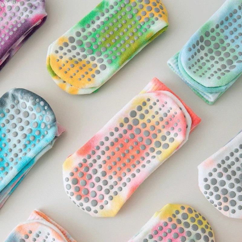 

Хлопковые дышащие носки для пилатеса до середины икры с принтом тай-дай, нескользящие носки для йоги, женские спортивные носки для танцев в помещении, аэробики, батута, фитнеса