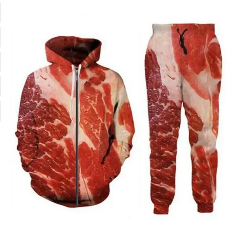 

New Men/Womens Meat Beef Funny 3D Print Fashion Tracksuits Crewneck Couple hoodie Joggers Pants + Zipper Hoodies