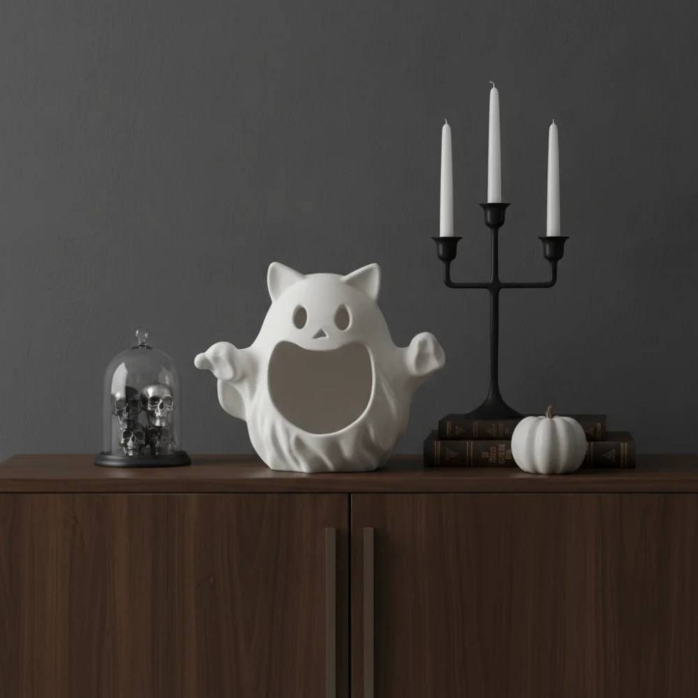 PLA Material Ghost Cat Candy Dish Solid White Hollow Inside Halloween Storage Tray Cat Shape Open Mouth Entryway Key Holder