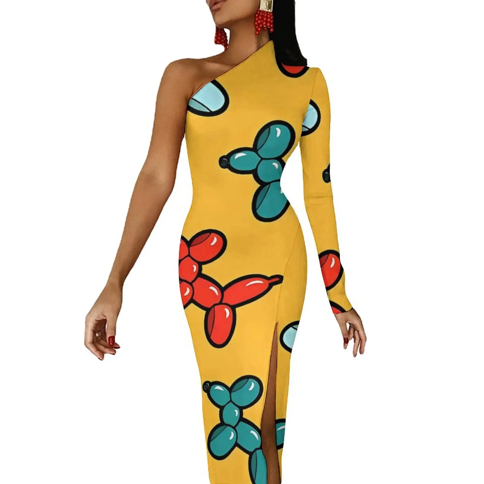 Balloon Dogs Maxi Dress One Shoulder Colorful Animal Party Bodycon Dresses Autumn Modern Dress Female Custom Clothing