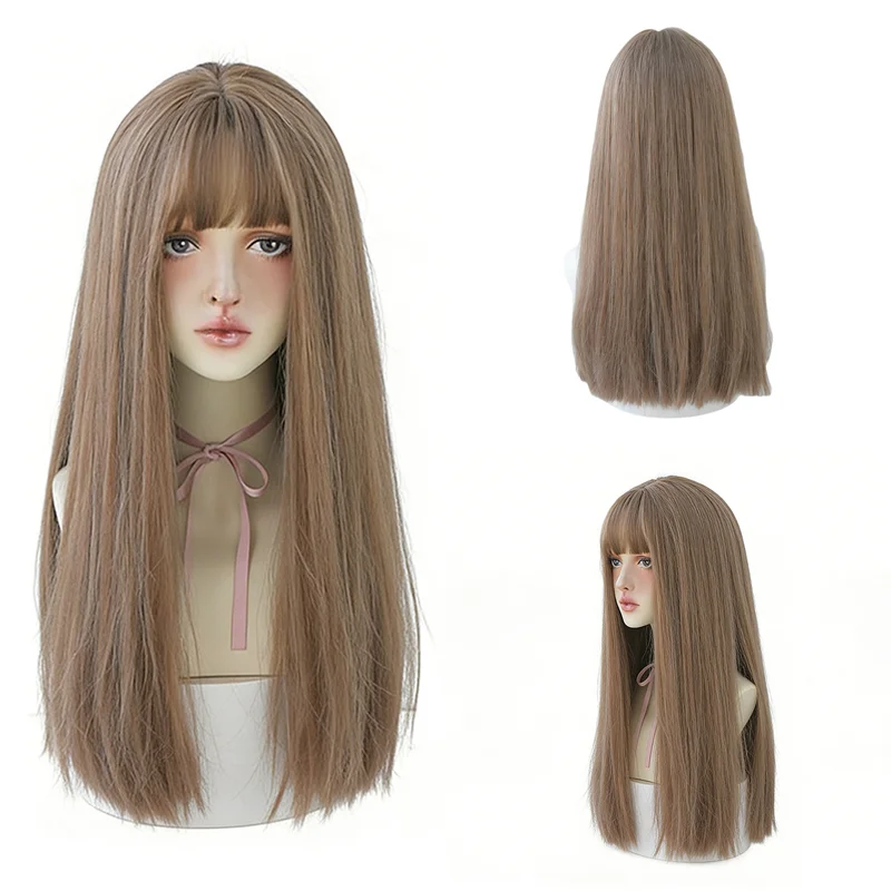 

Silky Straight Milk Tea Linen Brown Wig with Air Bangs 22 Inch Natural Looking Heat Resistant Synthetic Hair For Black Women