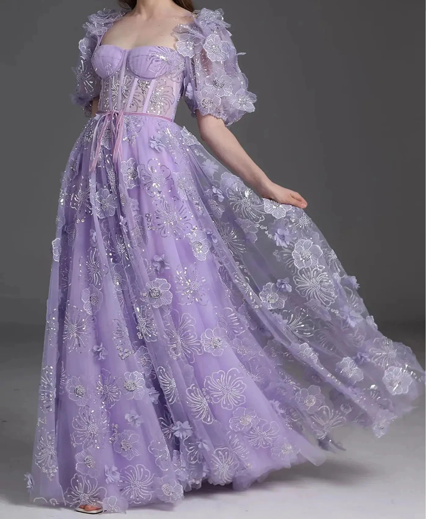 Vestido largo de fiesta con lentejuelas florales en 3D, mangas abullonadas, apliques brillantes, bata de fiesta hasta el suelo, ocasión especial personalizada