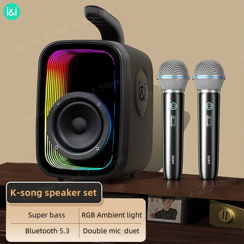 SOAIY RGB LED Mini Kid Party Bluetooth Professional Portable Karaoke Machine Speakers Full Set with Microphone K-song Sound Box