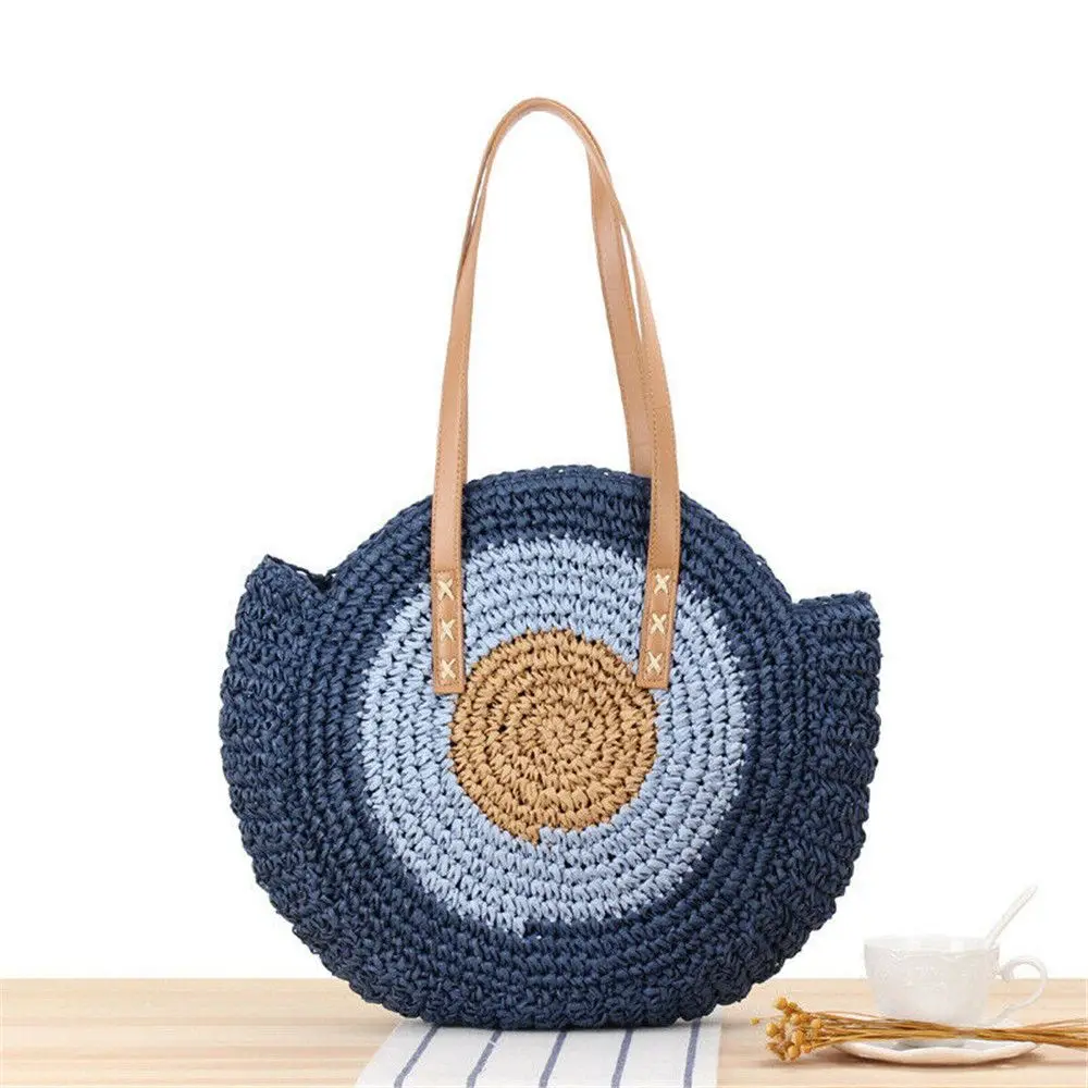 Straw Bag Women Hand-Woven Handbag Round Shape Rattan Bag Big Capacity Drawstring Casual Beach Shoulder Crossbody Bag