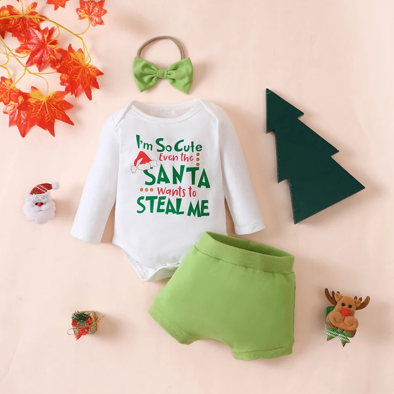 

Infant Baby Boy Girl Christmas Outfits I’m So Cute Even Santa Wants To Steal Me Shirt Shorts Bow Headband Set 3Pcs