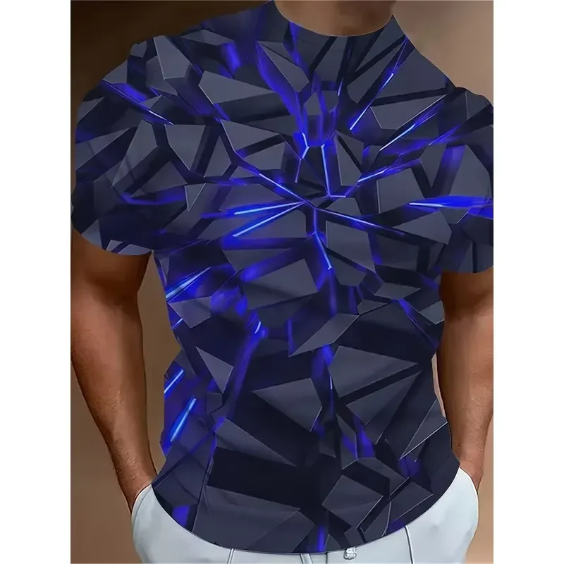 3D Digital Print Men Crew Neck Short Sleeve Tee Futuristic Broken Crystal Pattern Streetwear Casual Top 2026 Fashion Summer T