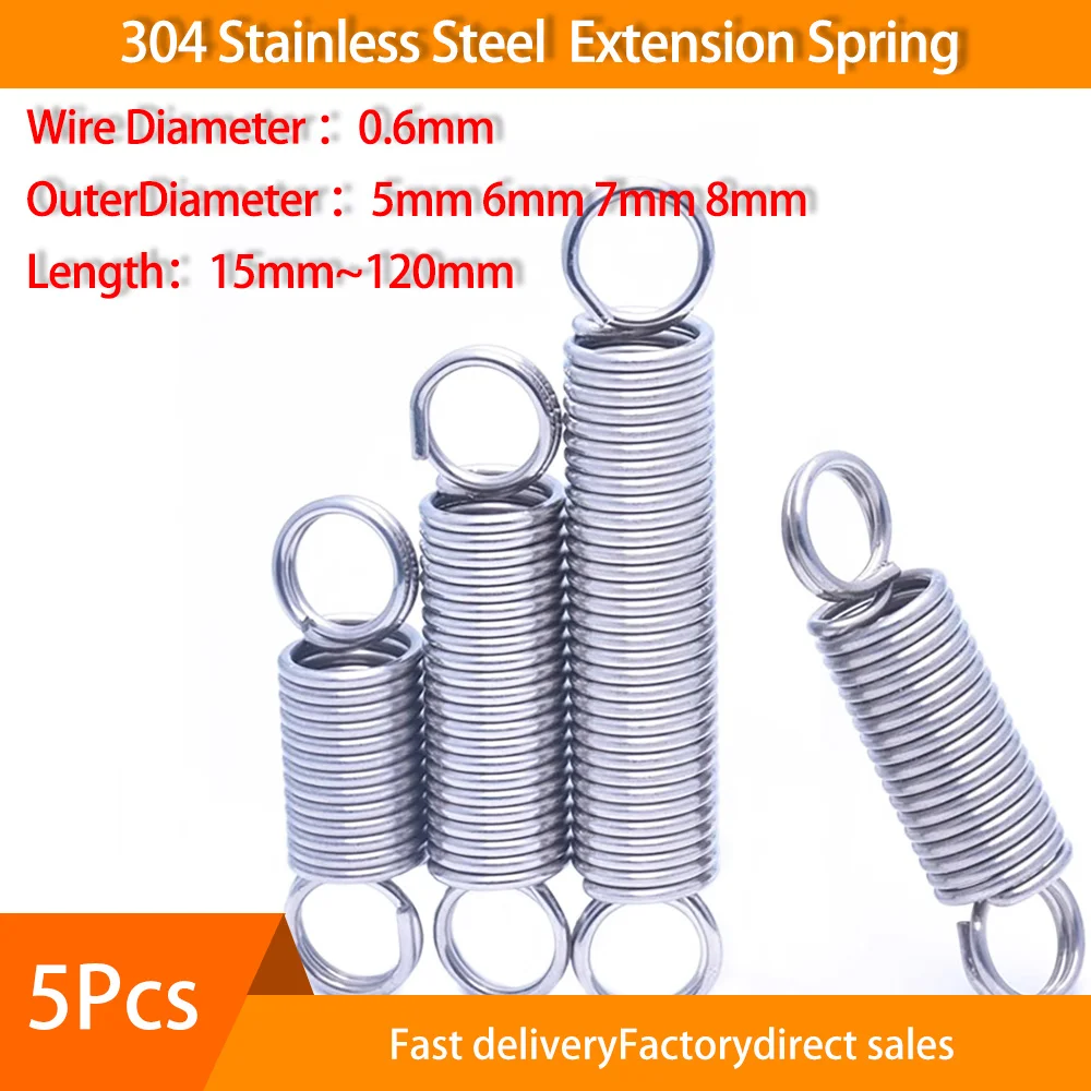 5Pcs 304 Stainless Steel Extension Spring Wire Dia 0.6mm O Ring Hook Coil Dual Hook Small Tension Spring OD 5mm 6mm 7mm 8mm