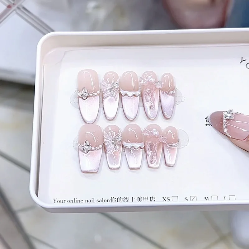 

10pcs Handmade False Nails with Design 3d Butterfly Sweet Press on Nails with Charms Cat Eye Self-adhesive Stickers for Nails