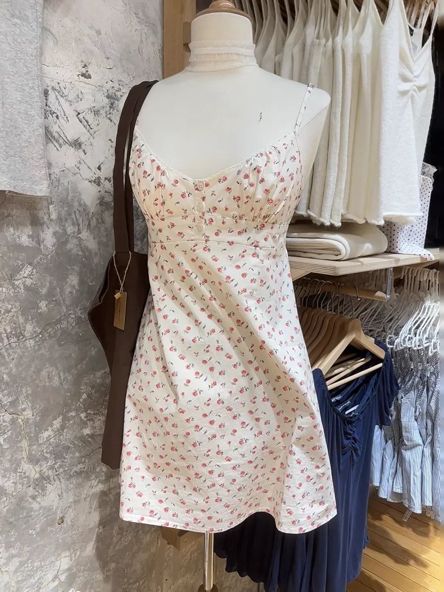 Lace Trim Floral Print Mini Dress Women Button V Neck Back Lace-up Suspender Dresses Summer Sweet Fashion Sleeveless Short Dress