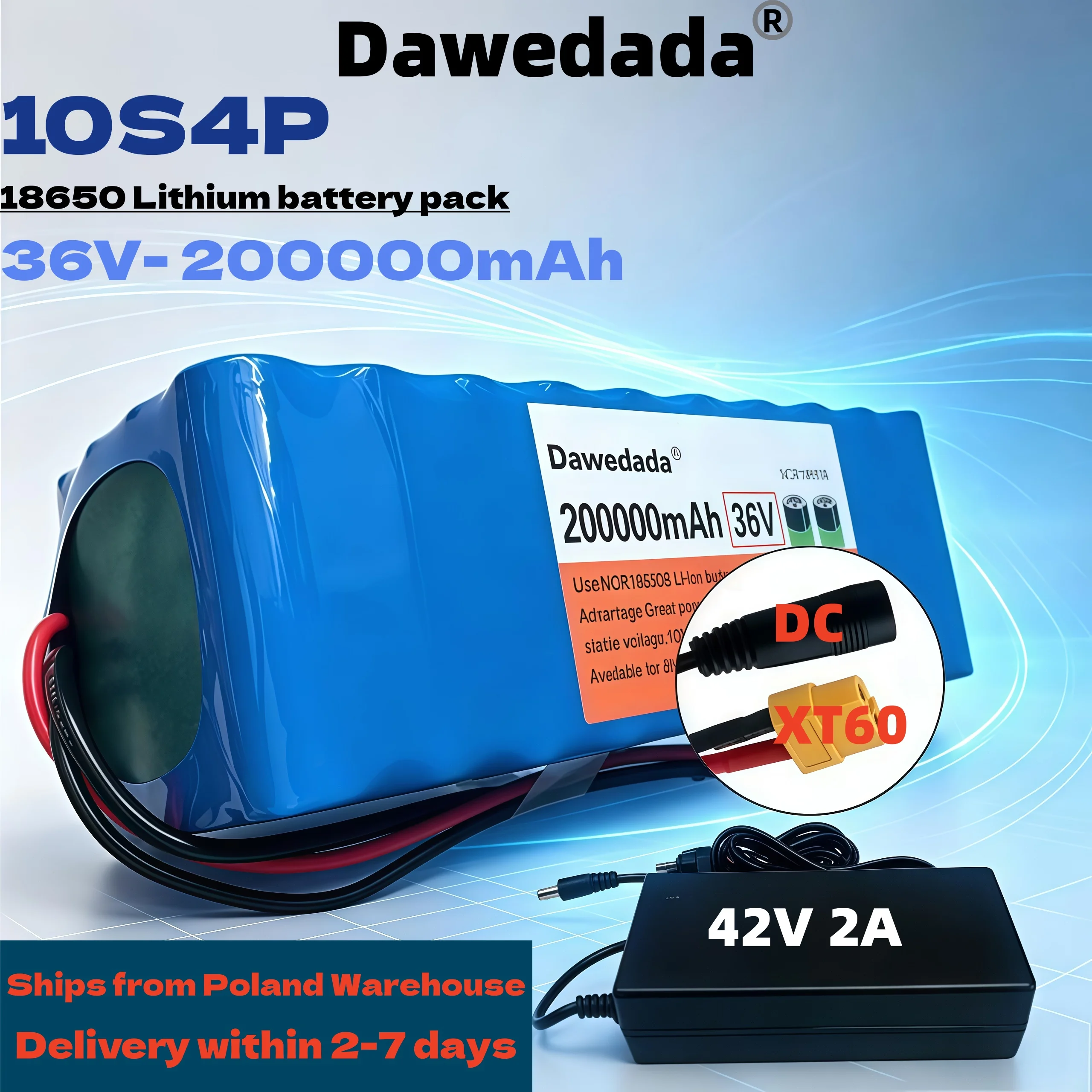 Pacco batterie agli ioni di litio 18650 10S4P 36V 42V 200Ah ad alta potenza, ricambio per monopattino elettrico e e-bike, con protezione BMS da 30A e caricabatterie incluso
