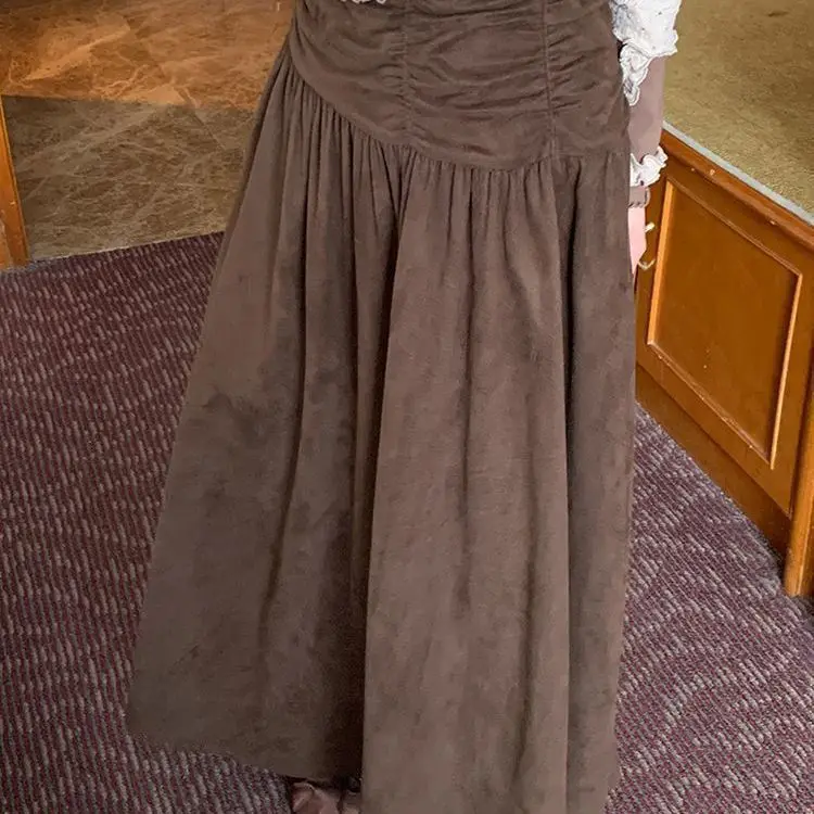 

Мятая юбка-миди 2021, осень/зима, новая свободная длинная юбка в стиле ретро с высокой талией