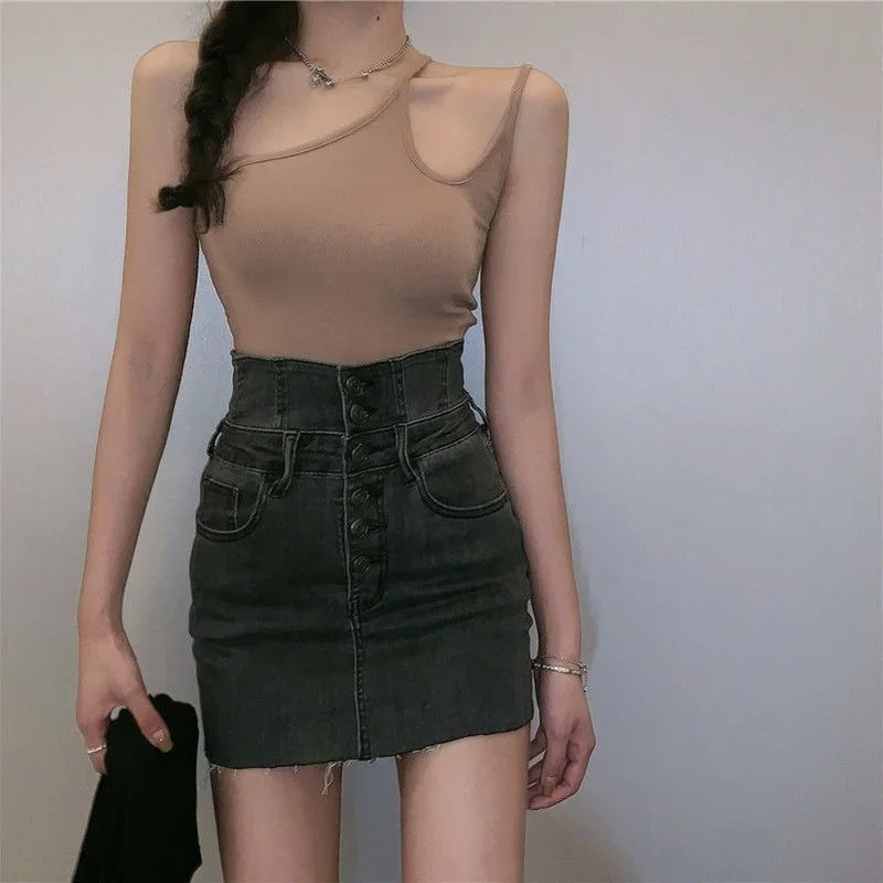 Vintage High Waist Denim Skirt for Women Simple Trendy Streetwear All Match Casual Faldas Mujer Korean Style Chic Summer Jupe