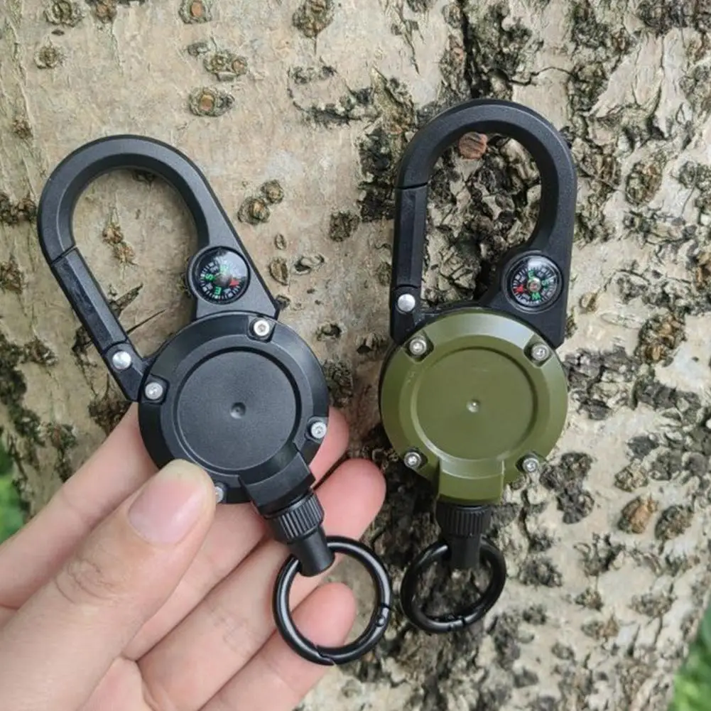 Retractable Keychain with Compass Steel Wire Carabiner Badge Reel Holder Clip Key Ring Outdoor Camping Climbing Anti-lost Buckle