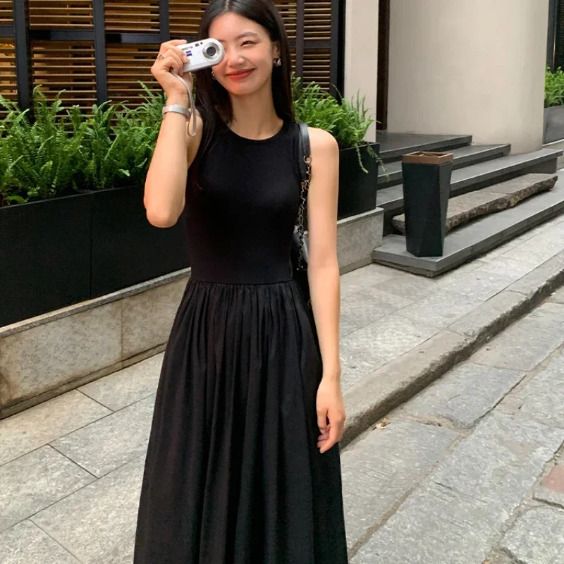 

Summer High-grade Hepburn Style Little Black Dress Casual Pocket Patchwork Swing Dress Temperament Round Neck Over The Knee Vest