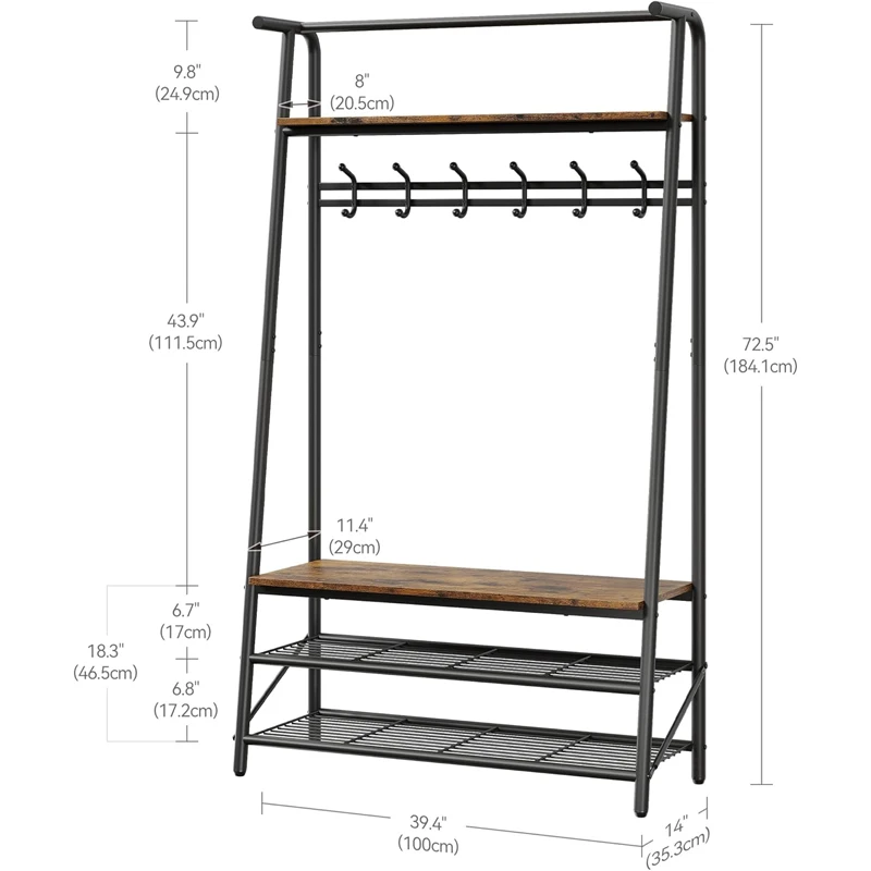 Coat Rack Hall Tree with Shoe Storage Bench, 4-in-1 Entryway Organizer Featuring 5/10 Hooks and 3 Tier Shoe Rack, Durable Metal Frame, Freestanding Storage Unit for Hallway view 7
