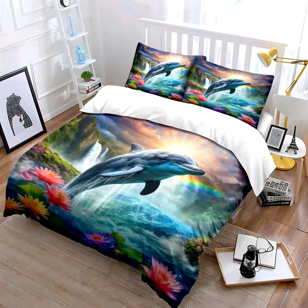 Dolphin leaping over waterfall with lotus Bedding Set for Kids Luxury Gift 3pcs Digital Print Comforter Set Soft Comfortable