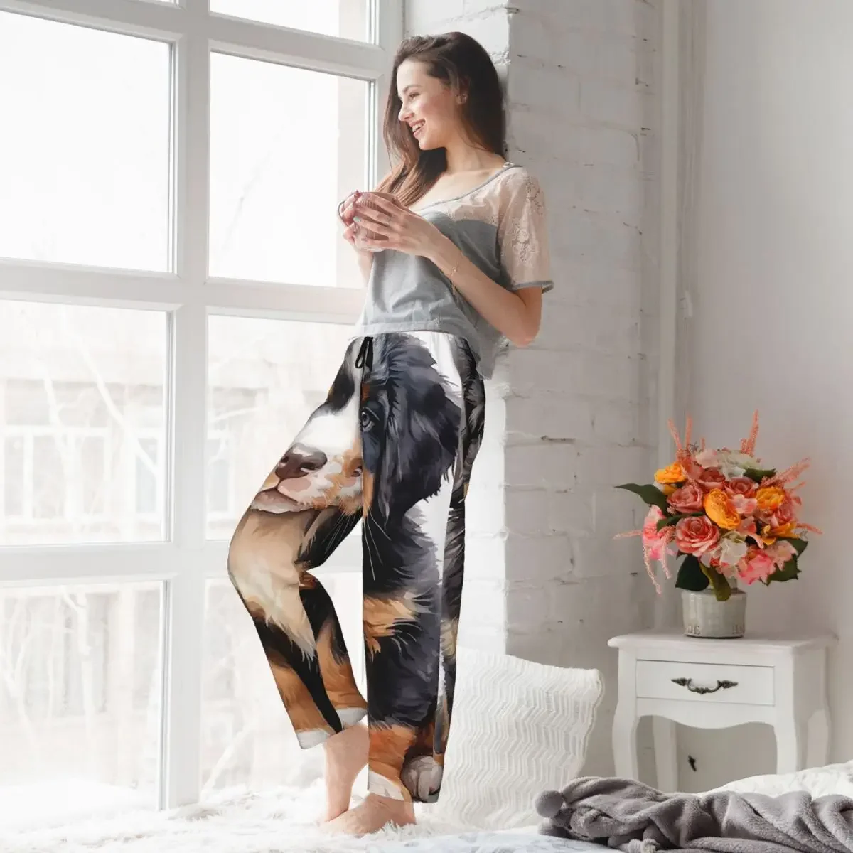 Custom Bernese Mountain Dog Animal Women Pajama Pants Lounge Sleep Sleepwear Bottoms with Pockets - view 3