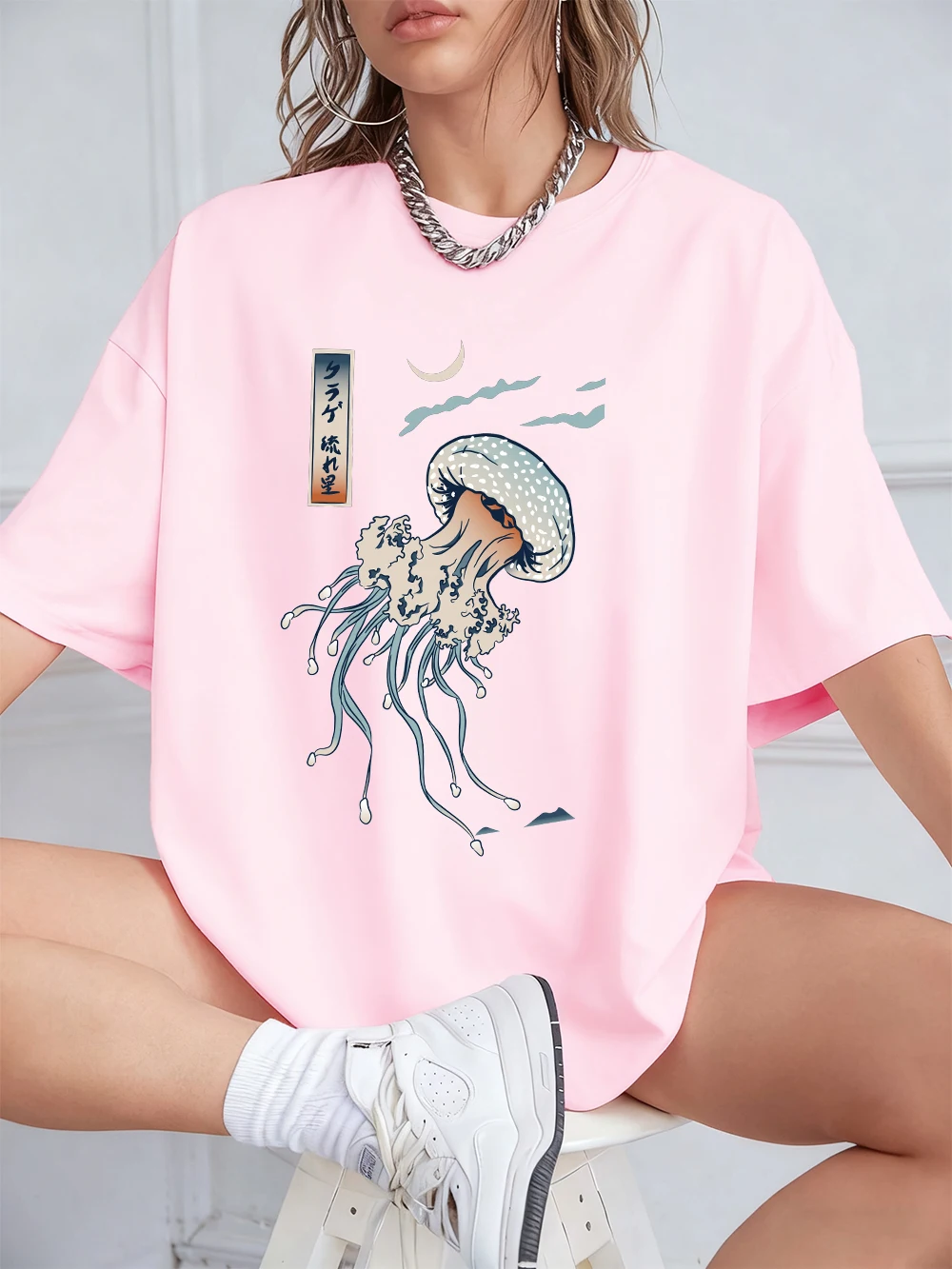 Japanische Harajuku Quallen Drucke Kurzarm T-Shirts Frauen Sommer Baumwolle T-shirts Oansatz Weiche Lose Tops Casual Kleidung