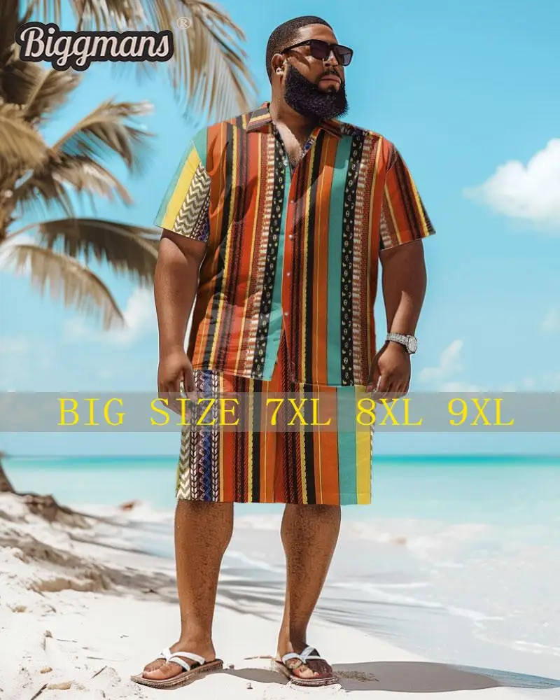 

Biggmans Shirt Plus Size Set L-9Xl for Summer Beach Clothing Oversize Hawaii Suit Hawaiian Colorful Block Print Shorts 7XL 8XL