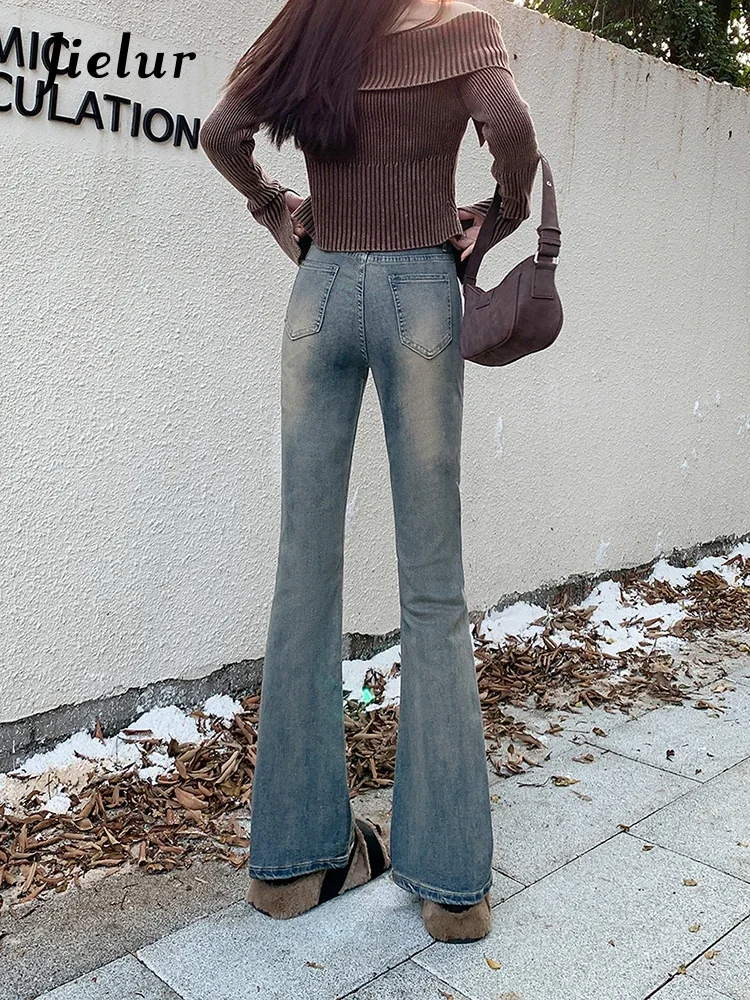 Jielur Autumn New High Waist Slim Women Jeans Do Old Simple Basic Flare Jeans Woman Vintage Blue Fashion Street Pants Female