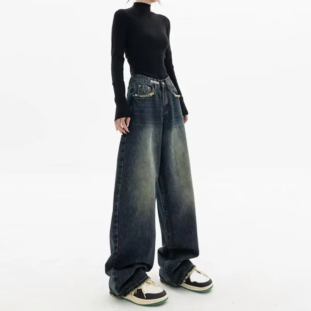 Distressed Jeans Vintage High Waist Wide Leg Denim Jeans with Deep Crotch Pockets Women's Floor Length Loose Straight for Hip