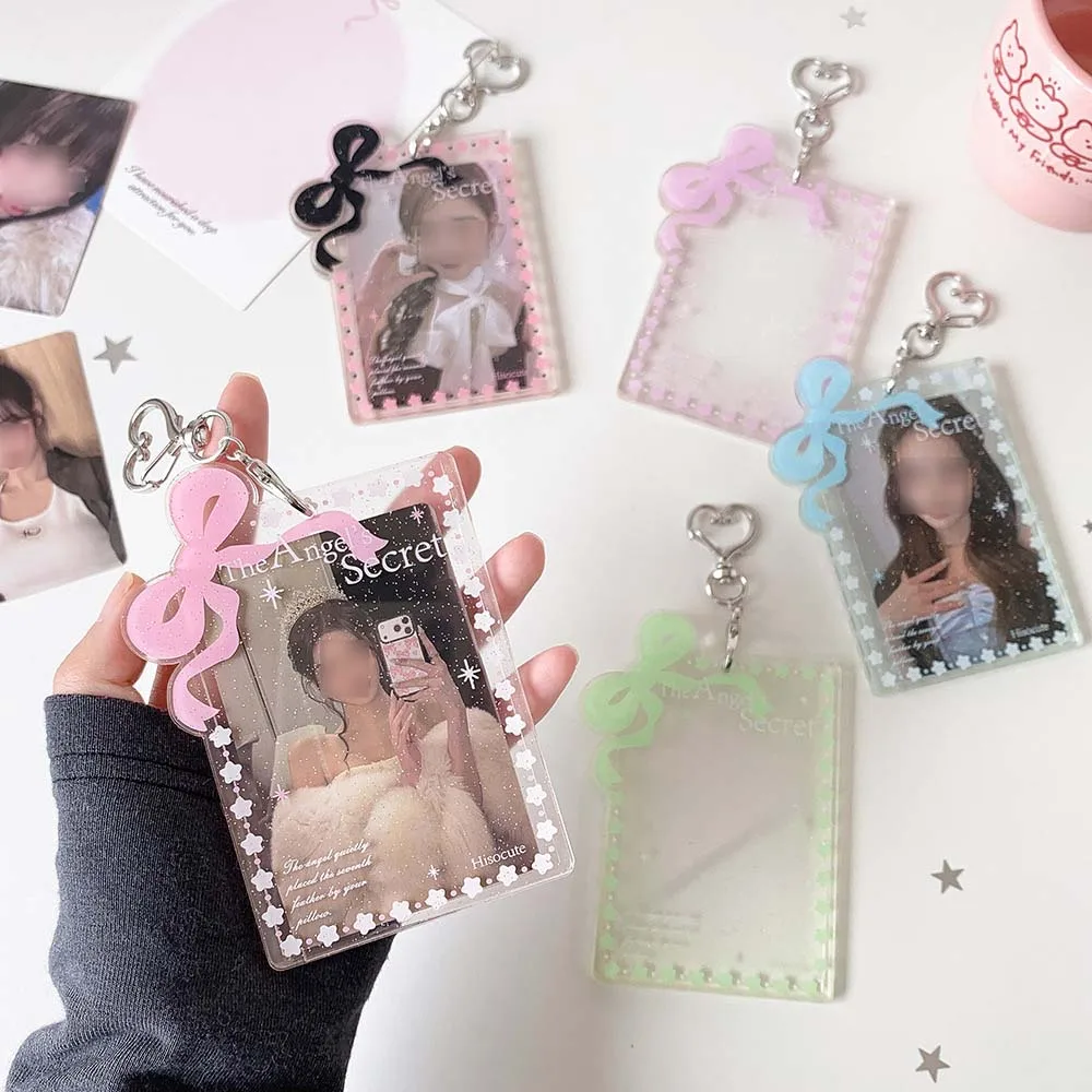 5pcs 3 Inch Photo Card Holder Versatile Bowknot Keychain Pendant K-Pop Display Case Transparent Acrylic Card Holder for Backpack