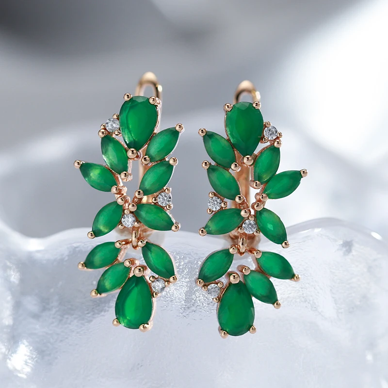 Kinel Hot Full Emerald Cut Zircon Crystal Flower Drop Earrings For Women Luxury 585 Rose Gold Color Daily Fine Ethnic Jewelry