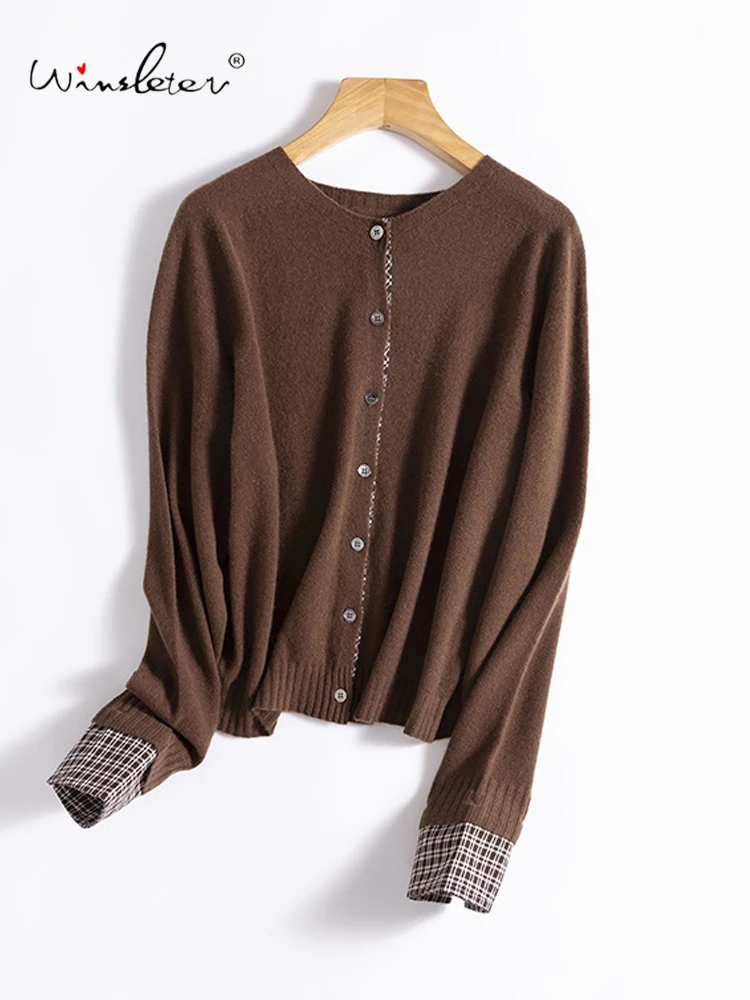 

Winsleter-100%Merino Wool Elegant Sweater, O Neck Long Sleeve Plaid Patchwork, Women Fashion Soft Cardigan, 2025 Autumn T59147CC