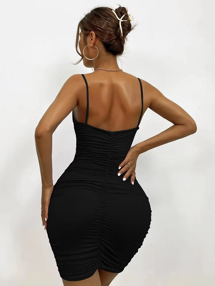 Fashion Ruched Bodycon Women's Sexy Dress V Neck Sleeveless Stretchy Party Clubwear Lady Dress Slim Fit Short Dresses for Summer