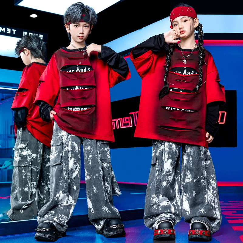 أزياء مسرح رقص الجاز الحديثة للأطفال لعام 2025 للفتيات قمصان حمراء وسراويل فضفاضة تناسب الأولاد ملابس الهيب هوب DQS21493 #1